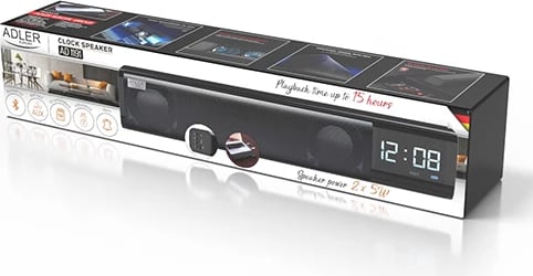Altoparlant me orë zgjimi, Adler AD 1191, Bluetooth 5.0, stereo 2x5W, SD/USB/AUX, bateri 1200 mAh, i zi Altoparlant me orë zgjimi, Adler AD 1191, Bluetooth 5.0, stereo 2x5W, SD/USB/AUX, bateri 1200 mAh, i zi