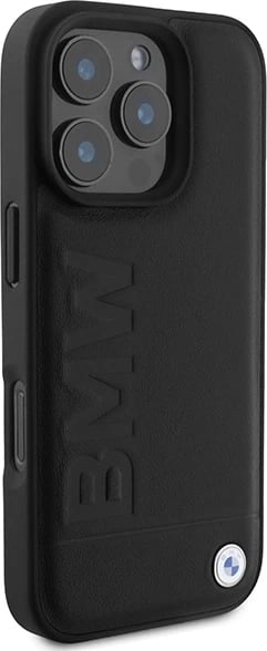 Mbështjellës BMW Leather Hot Stamp për iPhone 16 Pro Max, i zi