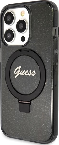 Mbështjellës Guess Ring Stand Script Glitter MagSafe për iPhone 15 Pro, i zi