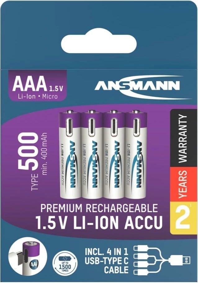 Bateri të rikarikueshme AAA ANSMANN 1311-0028, 500 mAh, Li-Ion, 1.5V, 4 copë, Bardhë