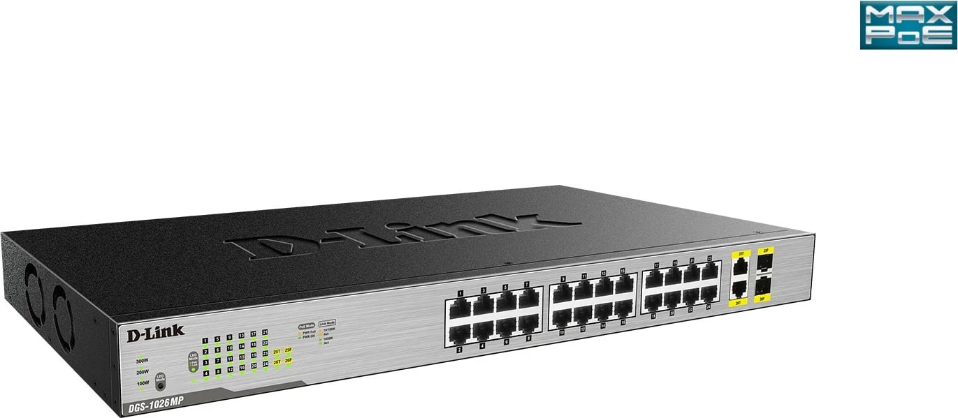 Switch D-Link DGS-1026MP, 26 porte, Gigabit, PoE, montim në rack