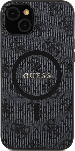 Mbështjellës Guess 4G Collection Leather Metal Logo MagSafe për iPhone 14/15/13, i zi