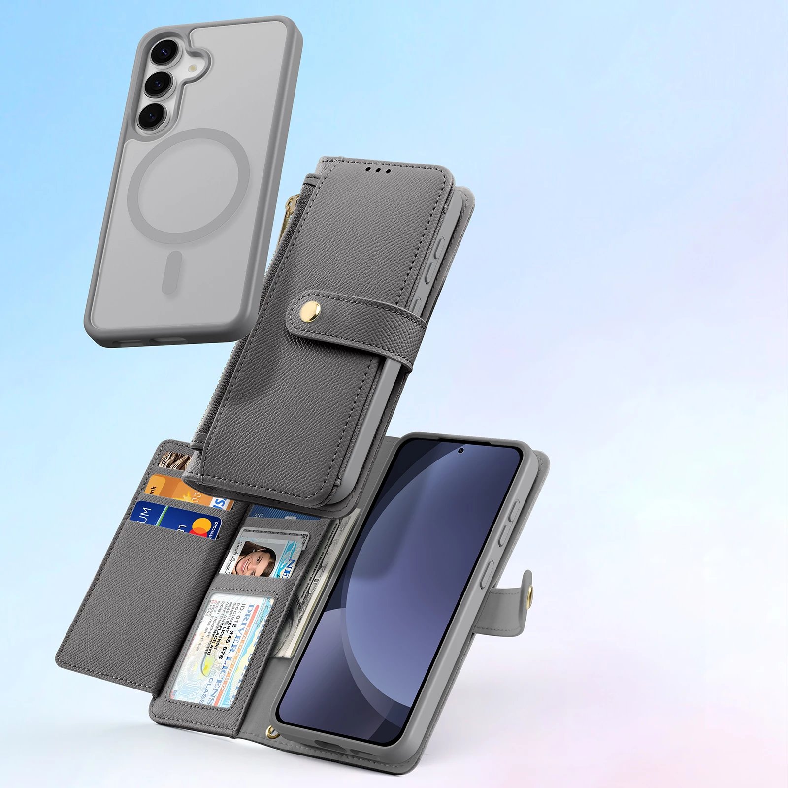Mbështjellës Dux Ducis Lawa për Samsung Galaxy S25+, lëkurë, me portofol magnetik të ndashëm, Gri