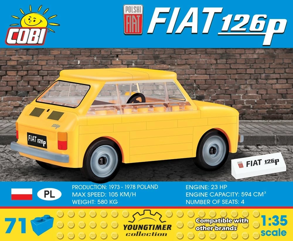 Set ndërtimi Cobi Klocki Fiat 126p, 71 pjesë, e verdhë