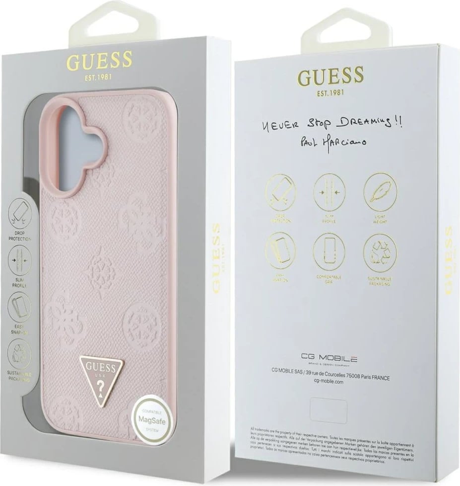 Mbështjellës Guess Grained Hot Stamp Peony Triangle Logo MagSafe për iPhone 16, Rozë