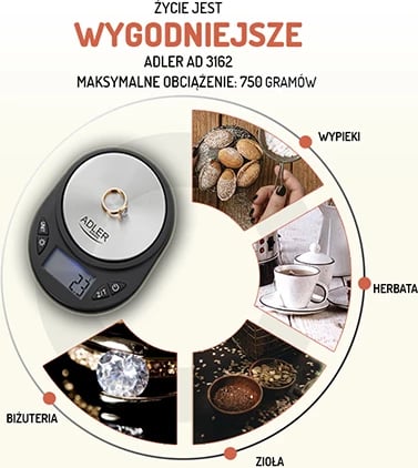 Peshore precize, Adler AD 3162, saktësi 0.1 g, kapacitet 750 g, ekran LCD me ndriçim blu, e zezë/argjendtë