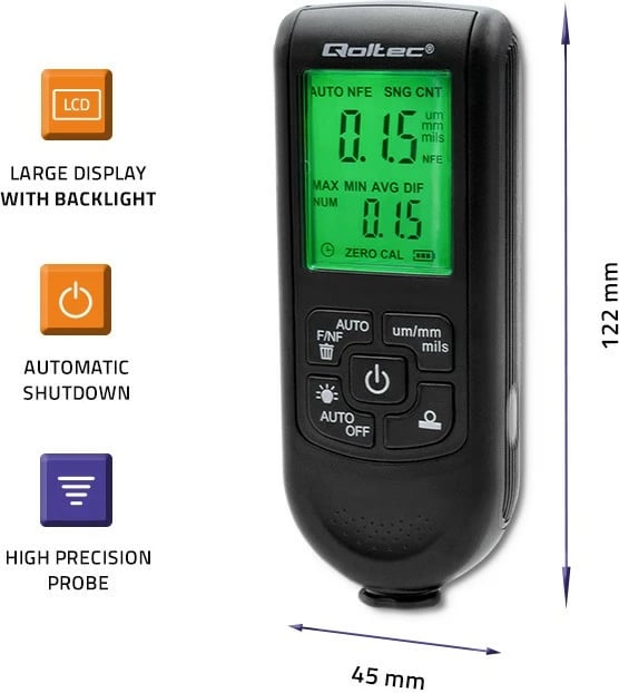 Matës trashësie boje Qoltec 50630 me ekran LCD, i zi