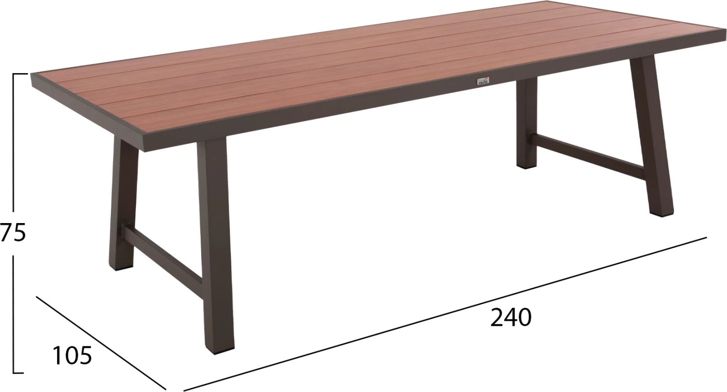 Tavolinë alumini për jashtë, GOBAR FH6060.04, ngjyrë shampanjë me sipërfaqe tavoline si dru, 240x105x75 cm