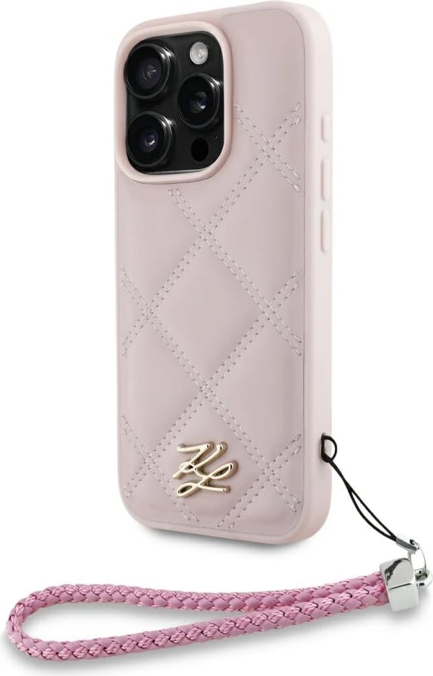 Mbështjellës Karl Lagerfeld Quilted Initial Logo & Chain Strap për iPhone 16 Pro Max, Rozë