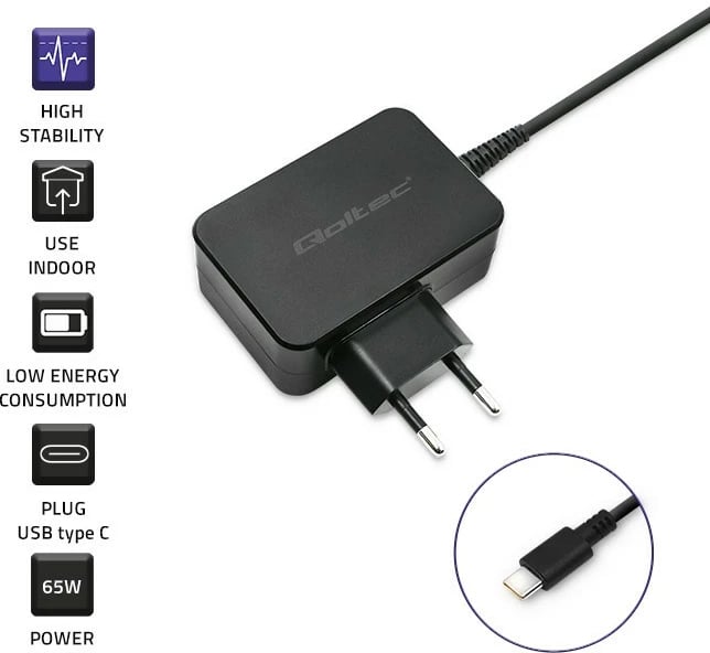 Karikues muri Qoltec 51024, 65W, USB Type-C, i zi