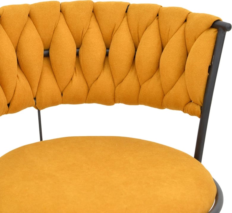 Karrige të ulëta Alkia I, set prej 2 copë, stof i verdhë, këmbë metalike të zeza, 57x58.5x72cm