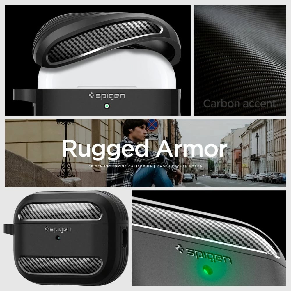 Mbështjellës Spigen Rugged Armor për AirPods Pro 1/2, me karabiner, i zi