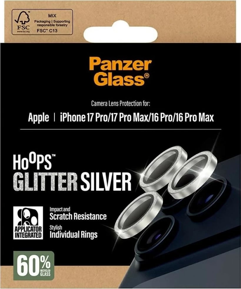 Mbështjellës PanzerGlass Hoops Glitter për kamerë iPhone 16 Pro/16 Pro Max/17 Pro/17 Pro Max, argjendtë
