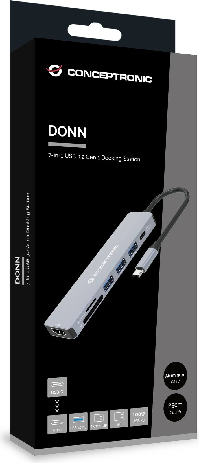 Stacion dokimi Conceptronic 7-1, USB-C në HDMI/3xUSB-A/SD/TF, 25cm, gri