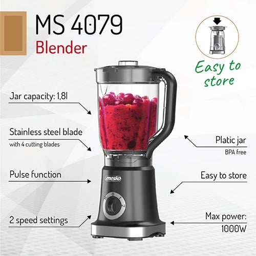 Blender, Mesko, MS 4079, 1.8L 1000W max 2 shpejtësi + Pulse, gotë plastike BPA-free, thikë inoksi 4-tejshme, e zezë Blender, Mesko, MS 4079, 1.8L 1000W max 2 shpejtësi + Pulse, gotë plastike BPA-free, thikë inoksi 4-tejshme, e zezë