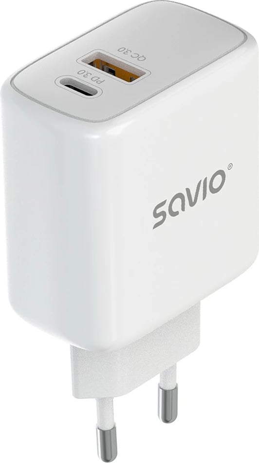 Karikues murale, Savio LA-12 (SAVLA-12), 20W PD 3.0 & QC 3.0, 2 porta (USB-A + USB-C), prizë EU, i bardhë
