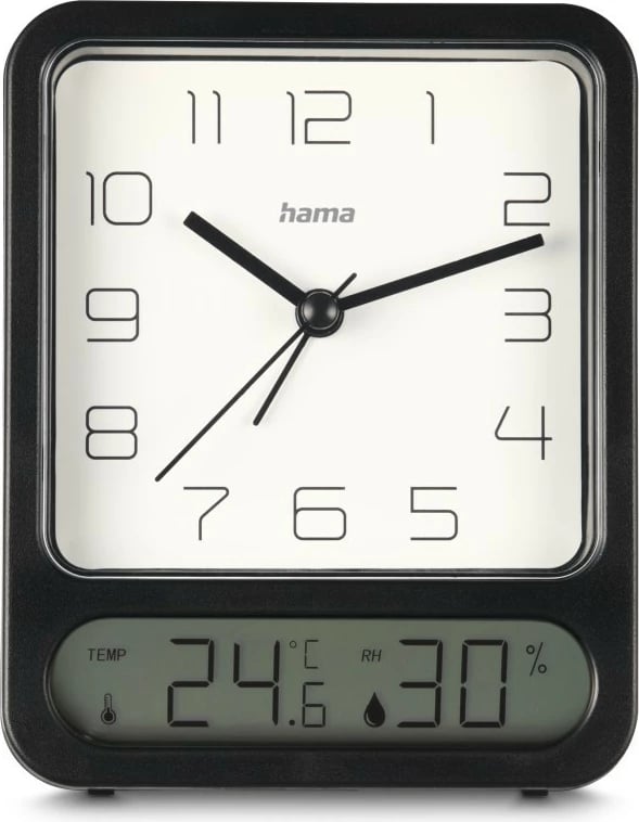 Orë alarmi Hama 222223, analog, me higrometër dhe termometër, e zezë