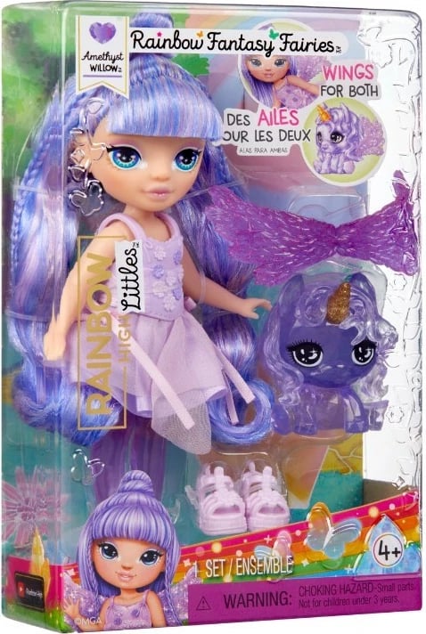 Kukull lodër Rainbow High Littles Amethyst Willow me krahë, 14cm, vjollcë, set me kafshë lodër
