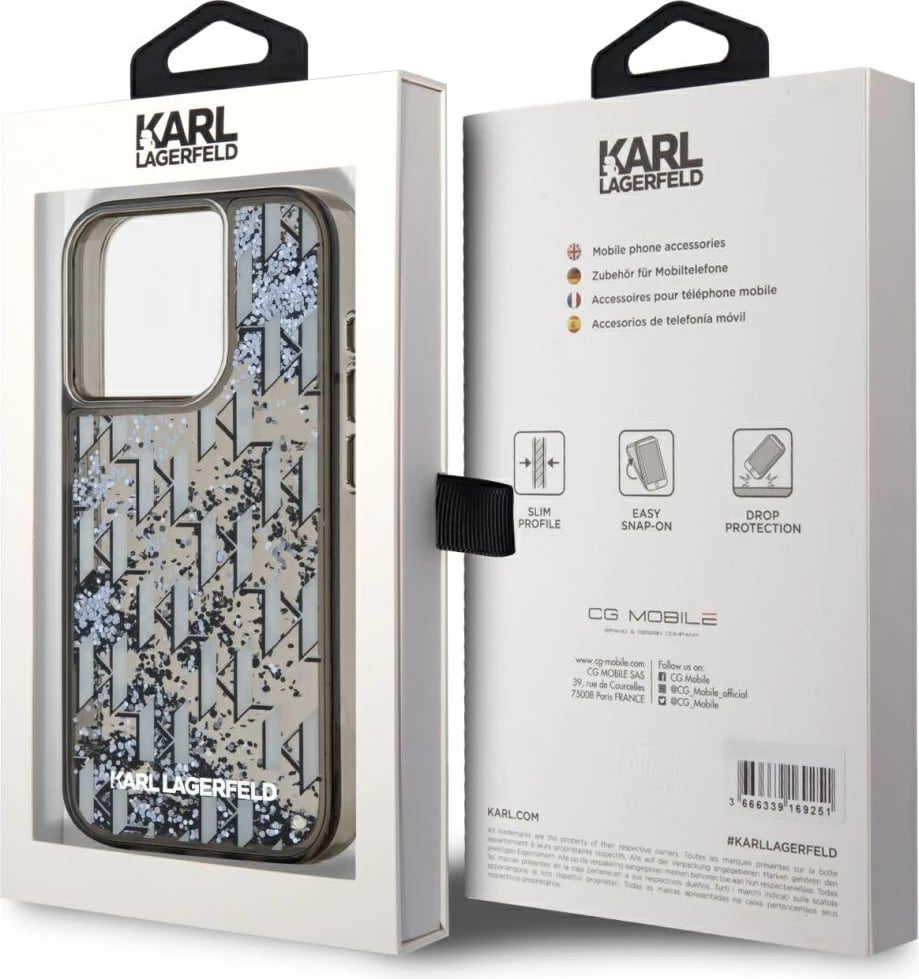 Mbështjellës Karl Lagerfeld Liquide Glitter Monogram Gradient për iPhone 15 Pro Max, i zi