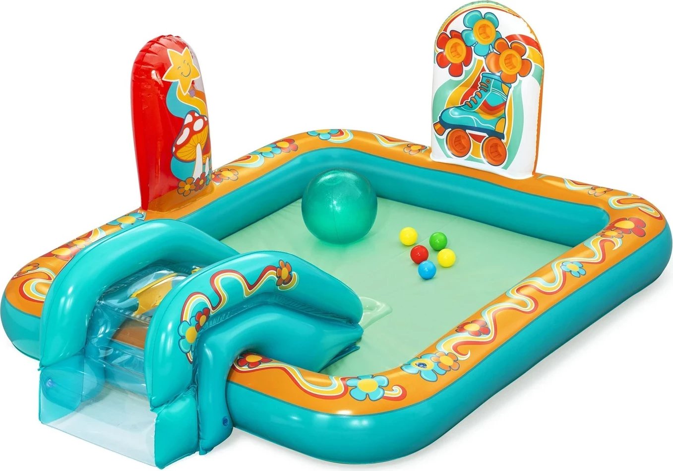 Qendër loje dhe pishinë fryrëse Bestway Retro Groove për fëmijë, 1.93 m x 1.52 m x 74 cm, shumëngjyrëshe