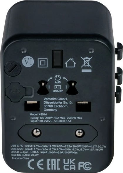 Adapter udhëtimi universal Verbatim UTA-02, 20W, 1x USB-C, 1x USB-A, i zi