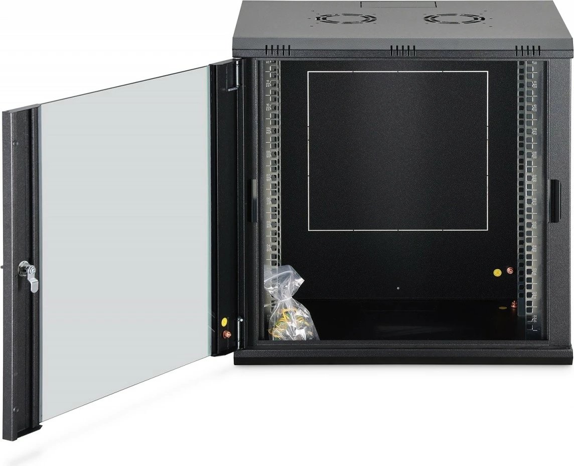 Kabinet rrjeti i montueshëm në mur, Digitus DN-37109, 19" 12U, 607x600x450mm, derë xhami, 60kg, i pa-montuar, e zezë