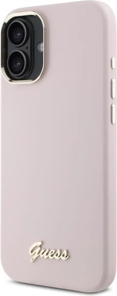 Mbështjellës Guess Silicone Script Metal Logo & Frame për iPhone 16 Plus, Rozë