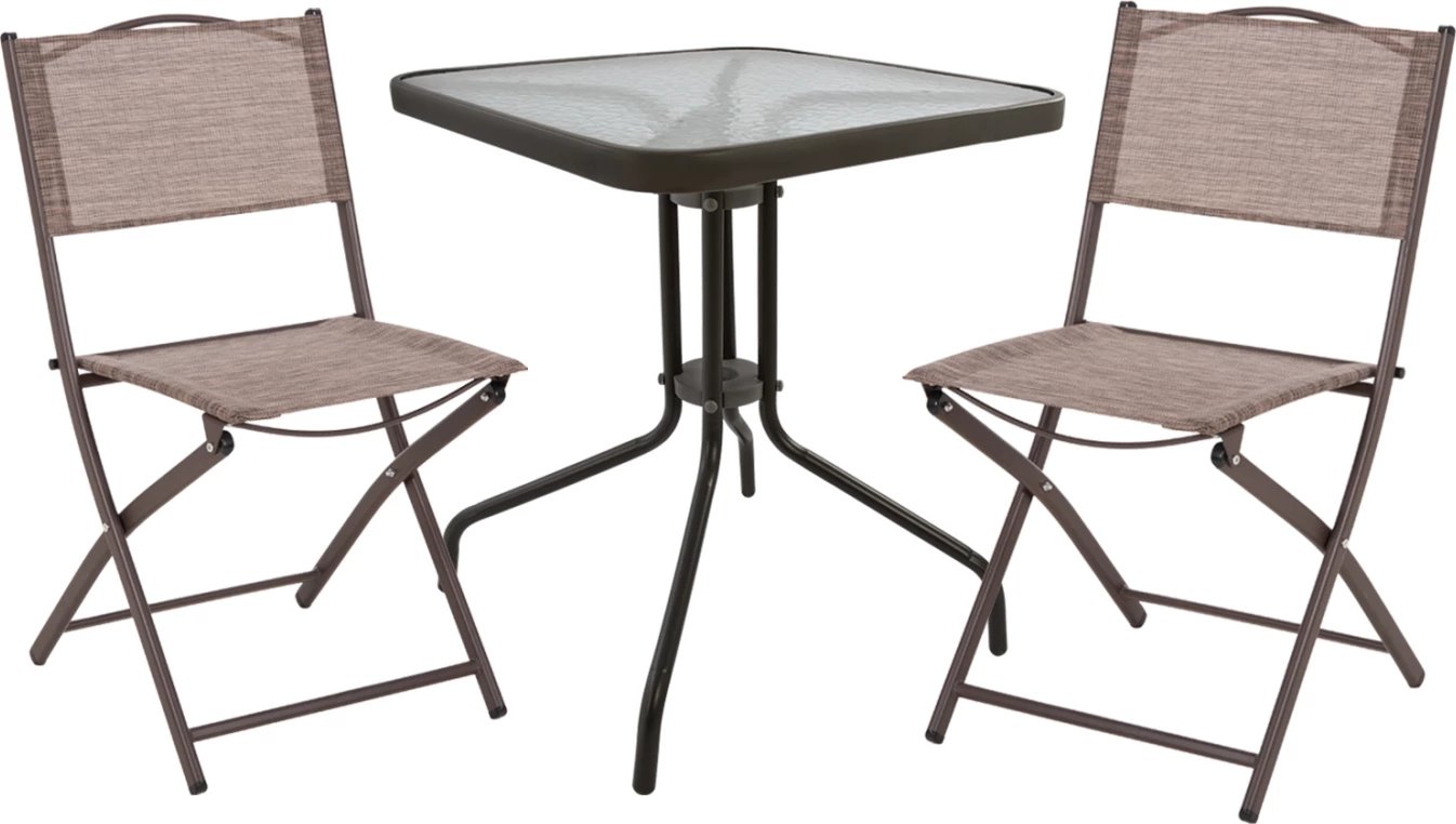 Set për terasë 3 pjesë Figo FH21036, sipërfaqe tavoline metalike dhe 2 karrige të palosshme-kafe