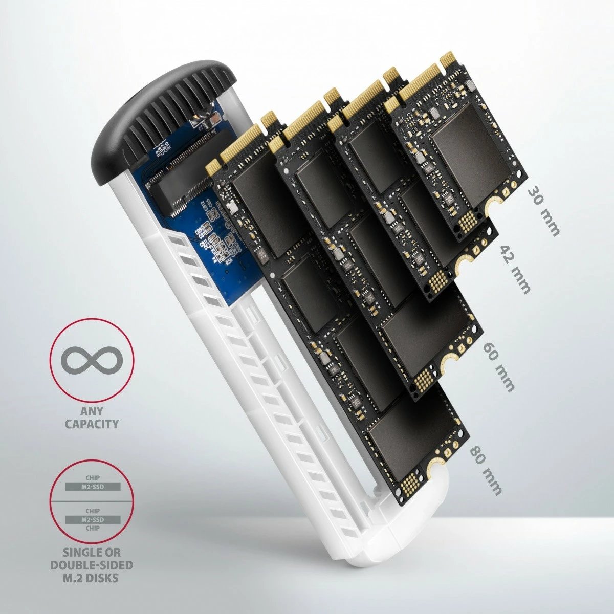 Kasë e jashtme AXAGON EEM2-SA për M.2 SATA SSD, USB 3.2 Gen 1, Alumini, E zezë/Argjendtë