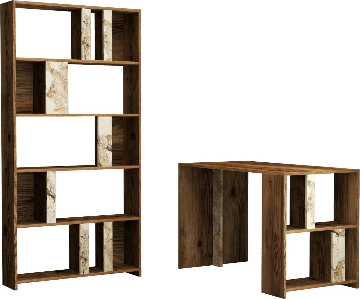 Tavolinë studimi me raft librash Skye Decor, ngjyrë arre, mermer i bardhë