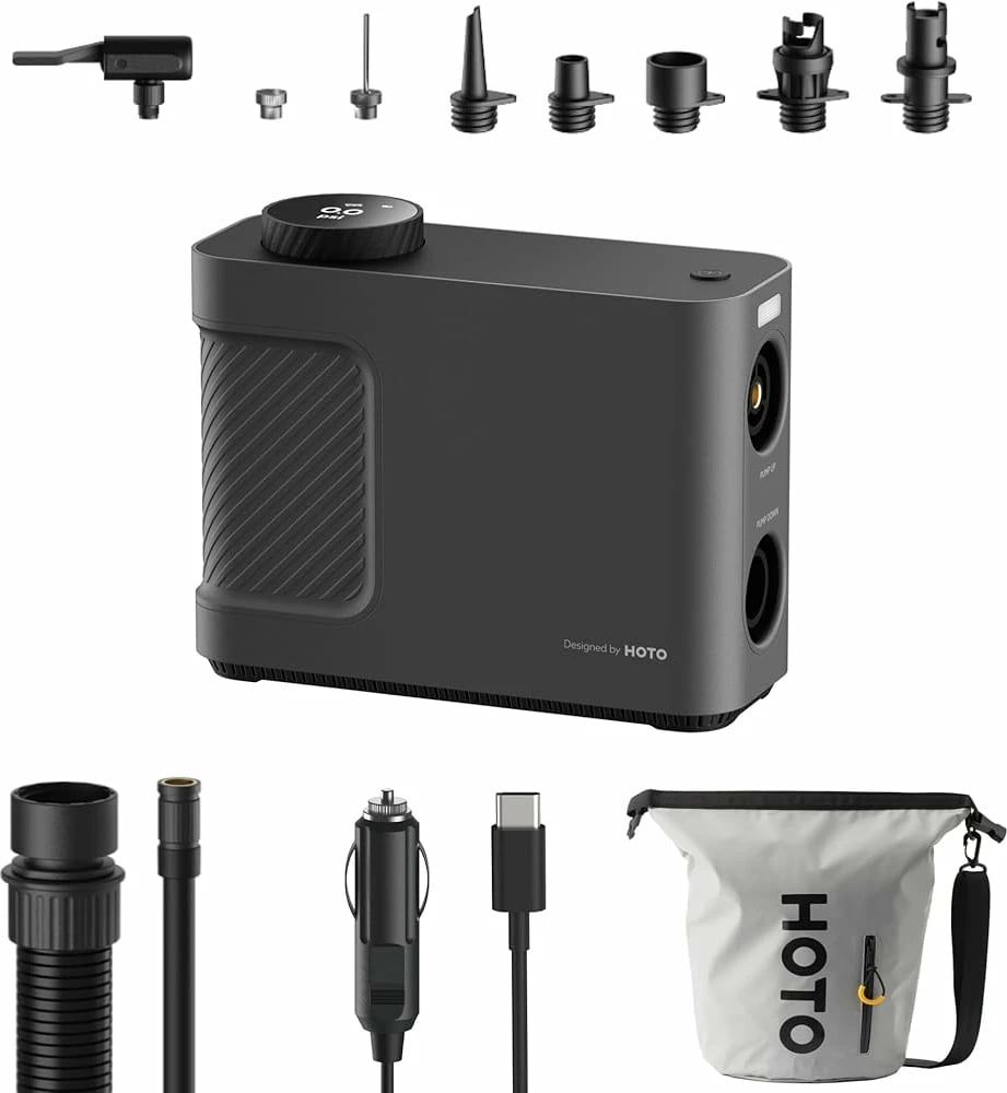 Kompresor portativ HOTO QWCQB002, 3x 2500 mAh, 150 PSI, 350 L, 12V, me set adapterësh dhe çantë