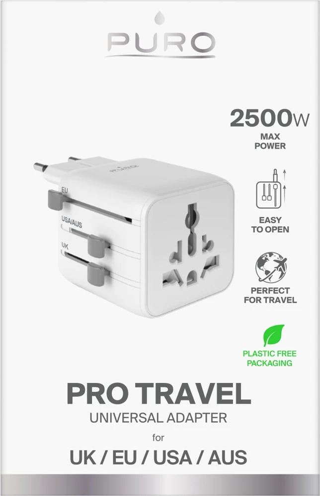 Adapter universal udhëtimi, Puro, Universal Travel Adapter, 2500 W 250 V 10 A, EU/UK/US/AUS, bardhë
