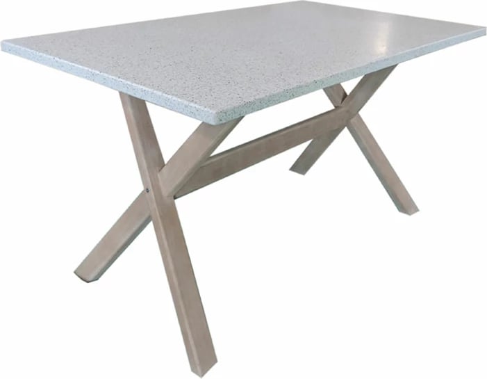 Tavolinë Terrazzo, sipërfaqe terrazzo, këmbë druri eukalipt, 140x80x75cm