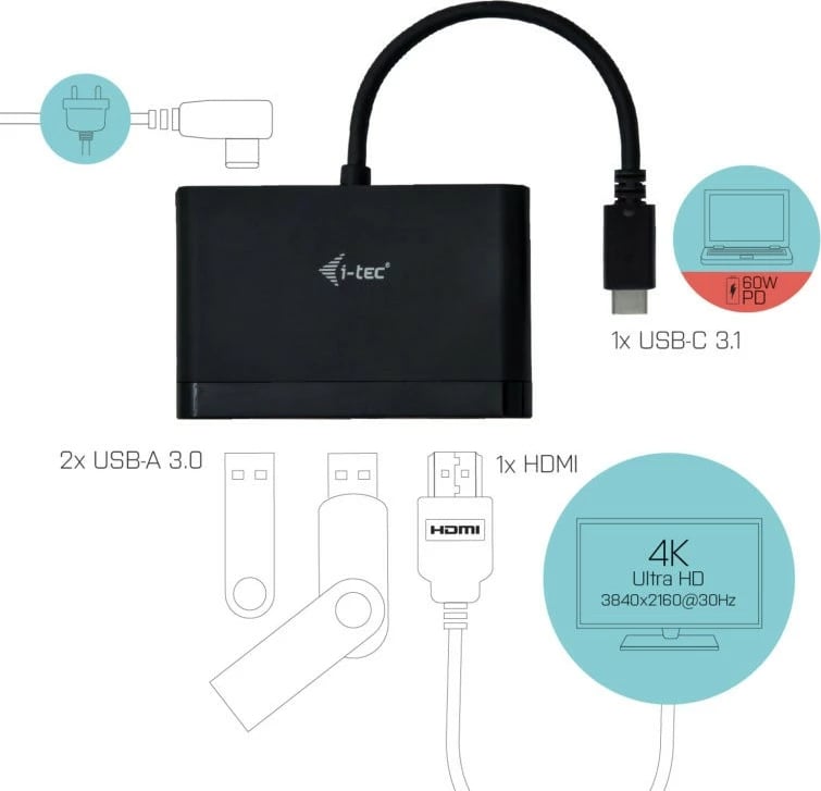 Adapter USB-C I-Tec Travel, HDMI, 2x USB 3.0, i zi