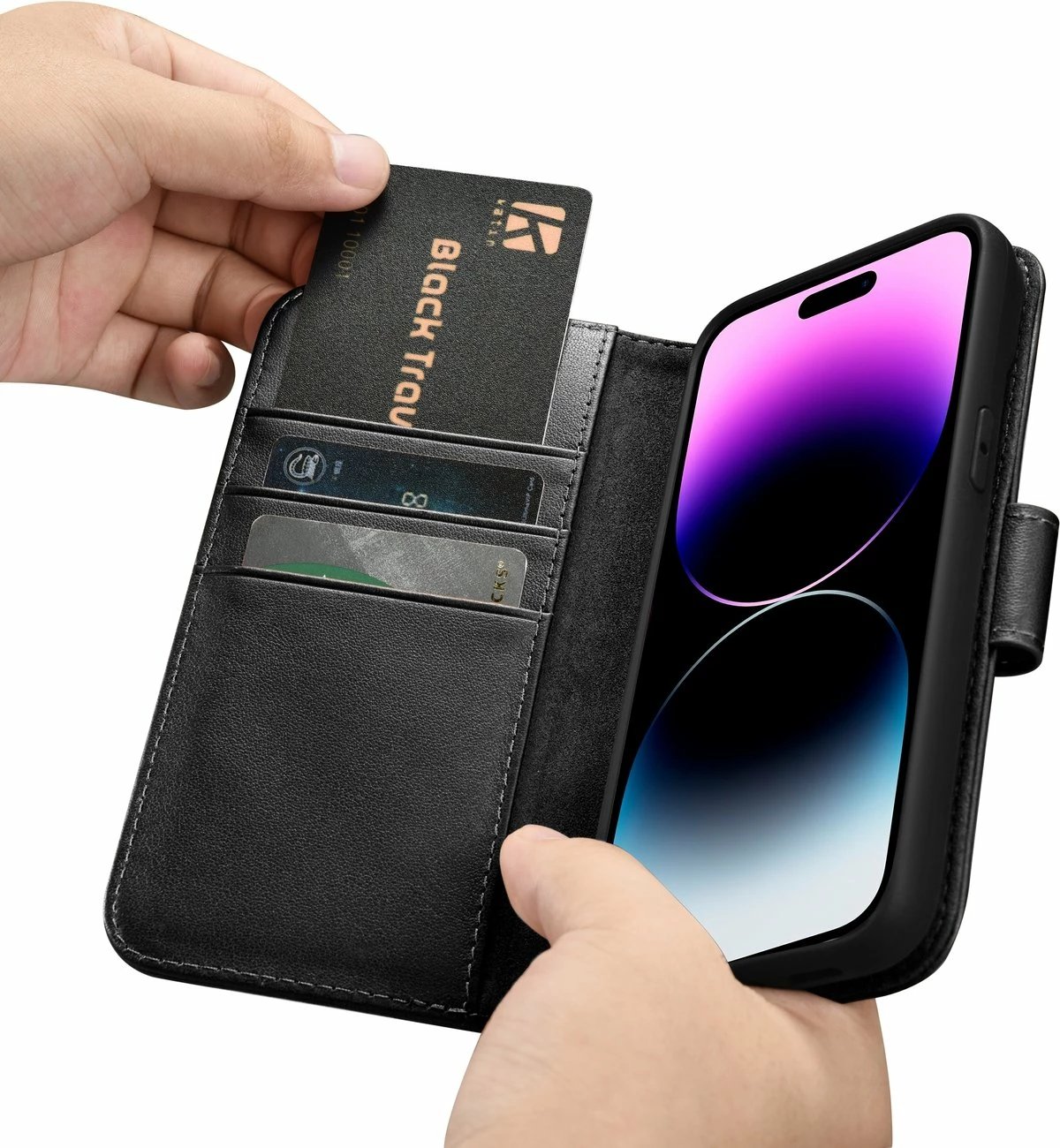 Mbështjellës iCarer Wallet Case 2in1 për iPhone 14 Pro, lëkurë natyrale, Anti-RFID, e zezë