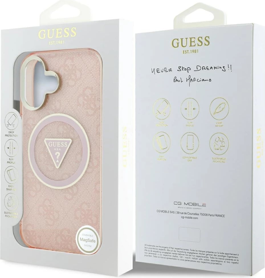 Mbështjellës Guess IML Metal Glitter 4G Circle Triangle MagSafe për iPhone 16, Rozë Mbështjellës Guess IML Metal Glitter 4G Circle Triangle MagSafe për iPhone 16, Rozë