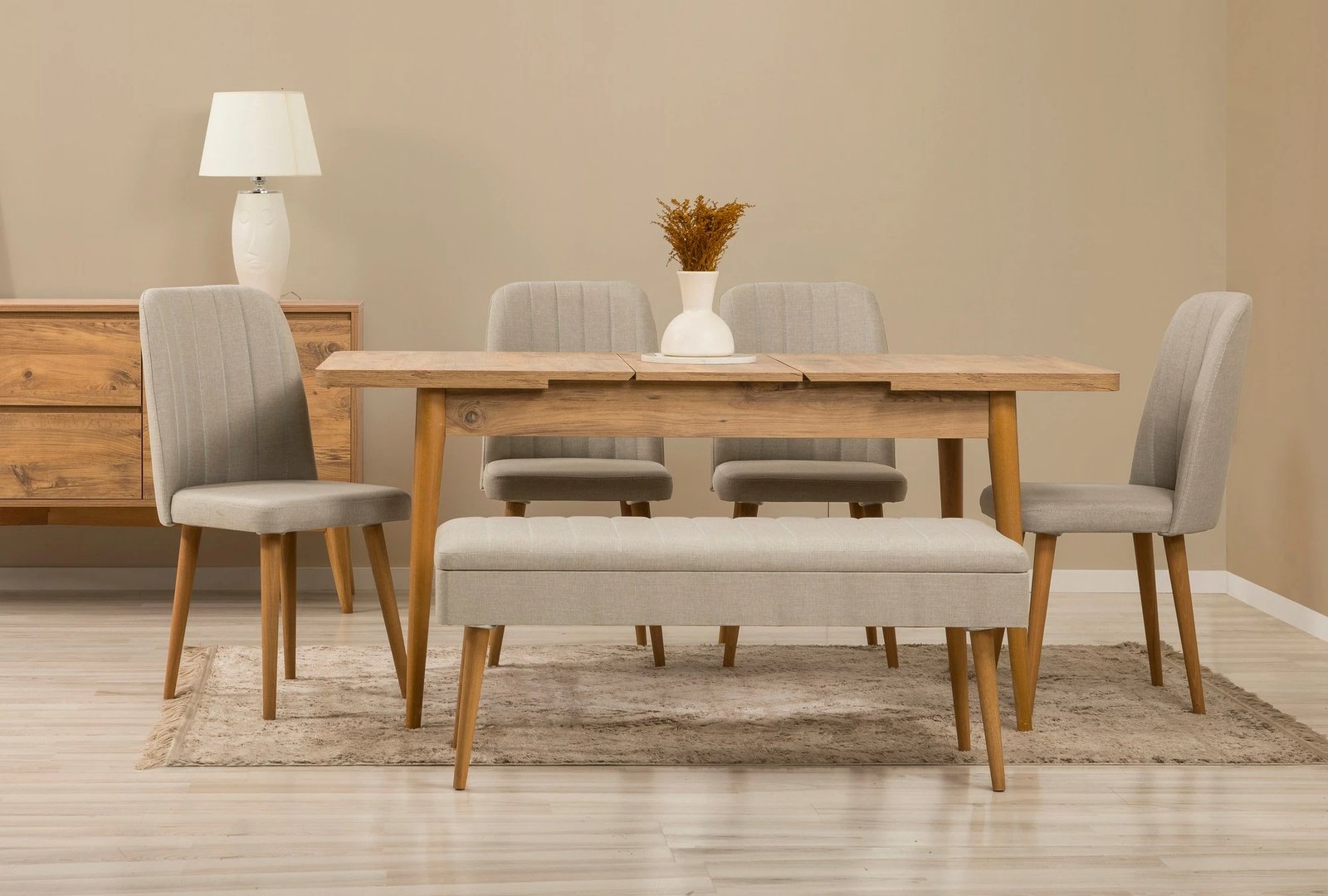 Set tavoline e zgjatshme me karrige dhe konsol (7 pjesë), Skye Decor, Vina 03 1005, ngjyrë pishë atlantike, krem