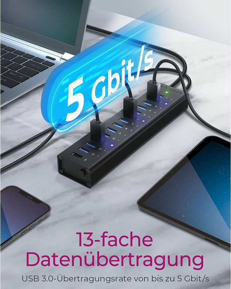 USB hub ICY BOX IB-AC6113, 14 porta, USB 3.2 Gen 1, alumini, e zezë