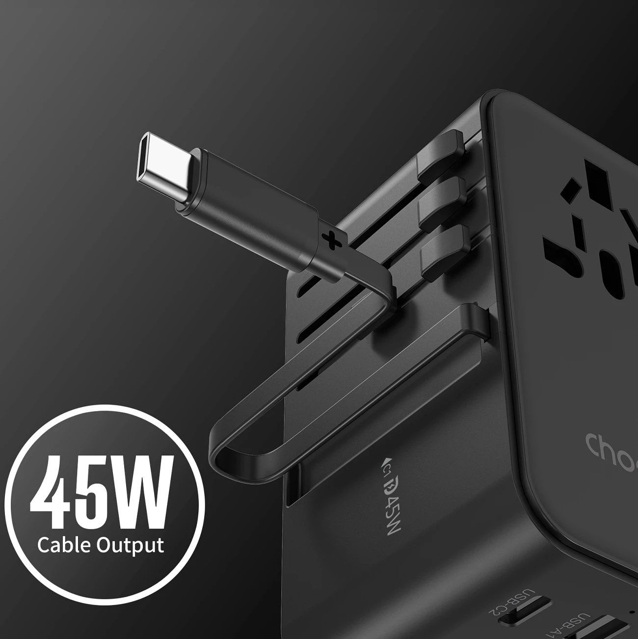 Adapter udhëtimi Choetech PD5021, 45W, me kabllo USB-C të integruar, 4 porta, i zi