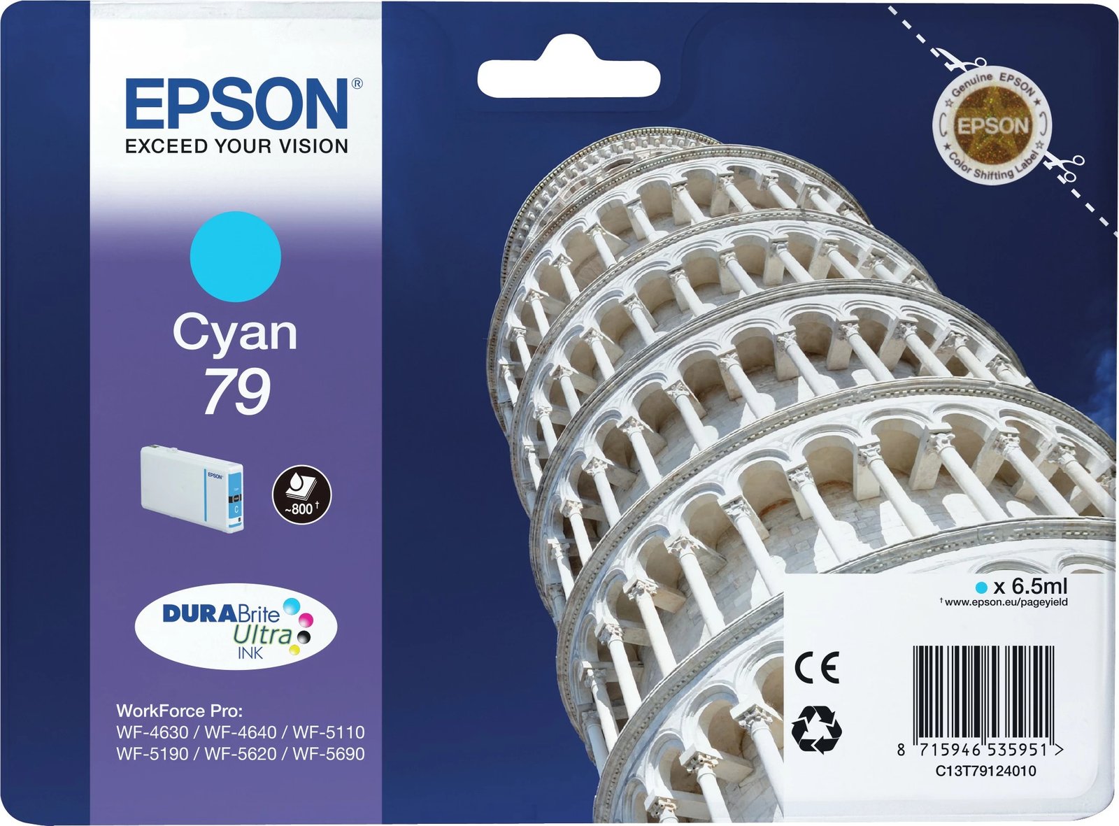 Toner Epson Tower of Pisa Singlepack Cyan 79 DURABrite Ultra, Standard Yield, Cyan