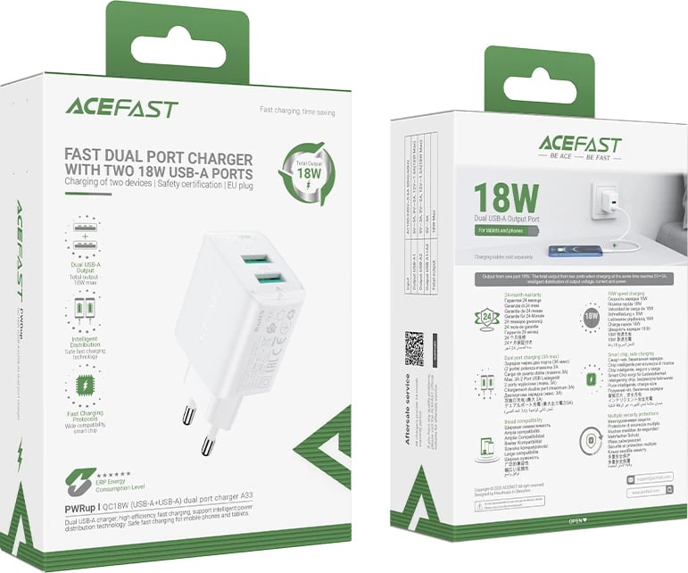 Karikues muri Acefast A33, 2x USB, 18W, i bardhë