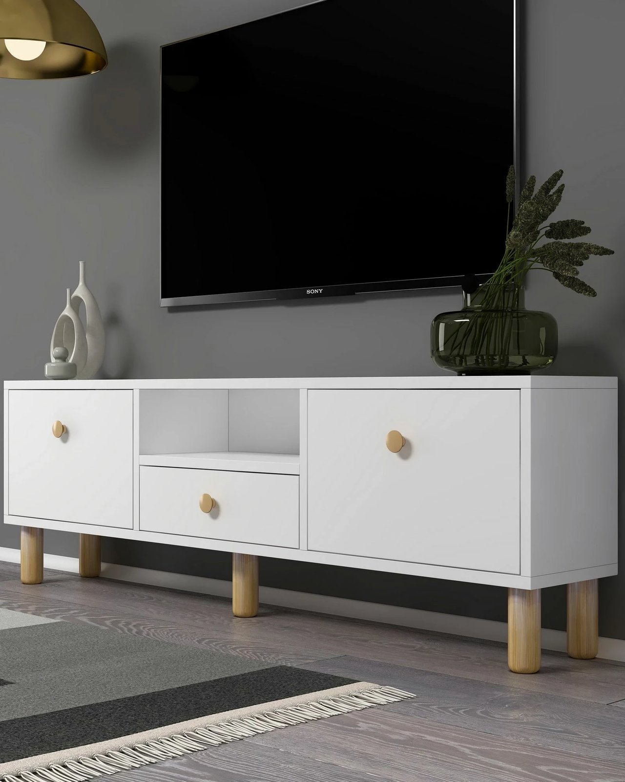 Komodë TV Skye Decor, e bardhë, lisi sapphire, 1310-DROP-1