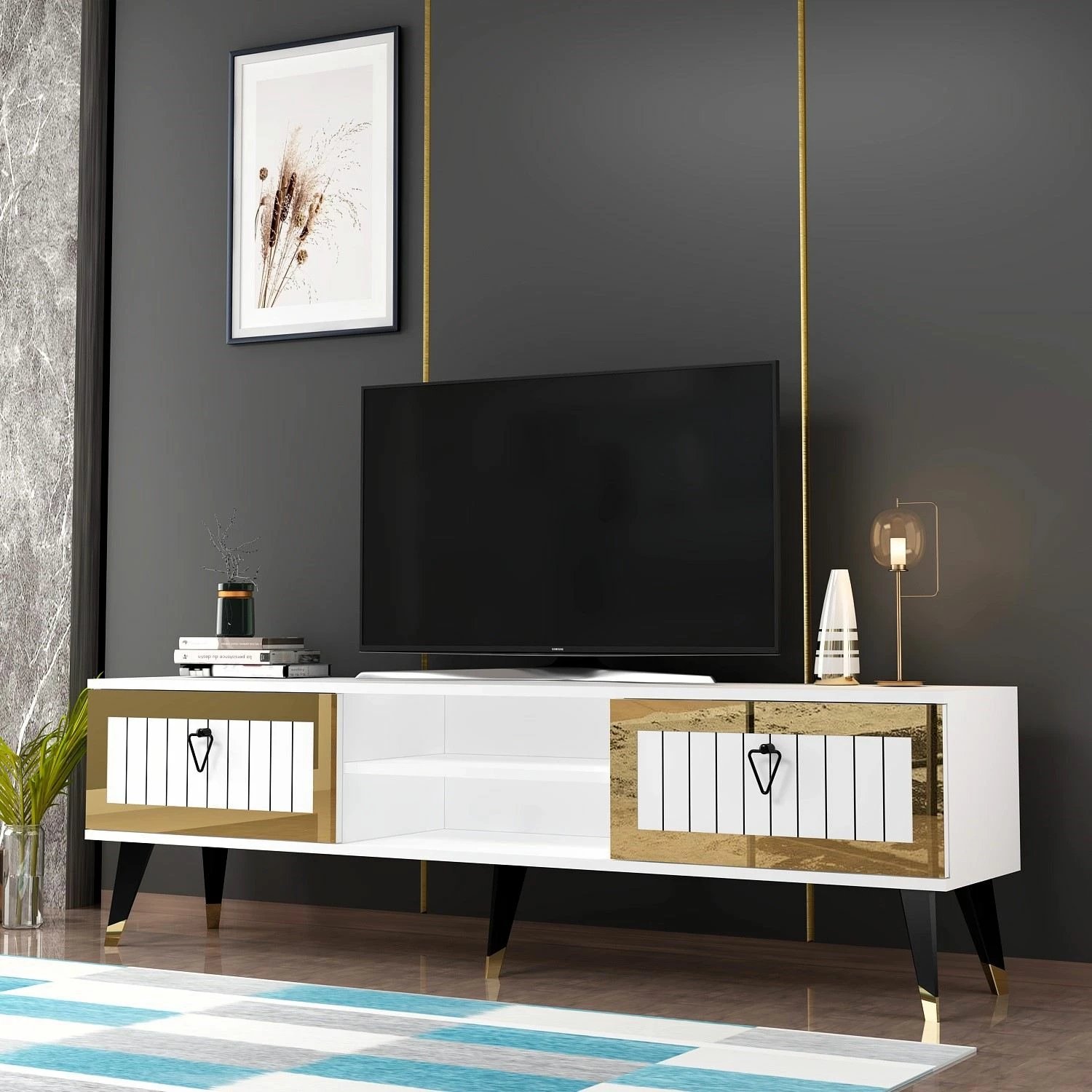 Komodë për TV Skye Decor, Lidya, e bardhë dhe ari