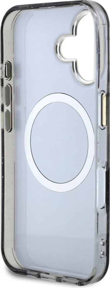 Mbështjellës Guess Glitter Flowers Triangle Buttons MagSafe për iPhone 16, i zi