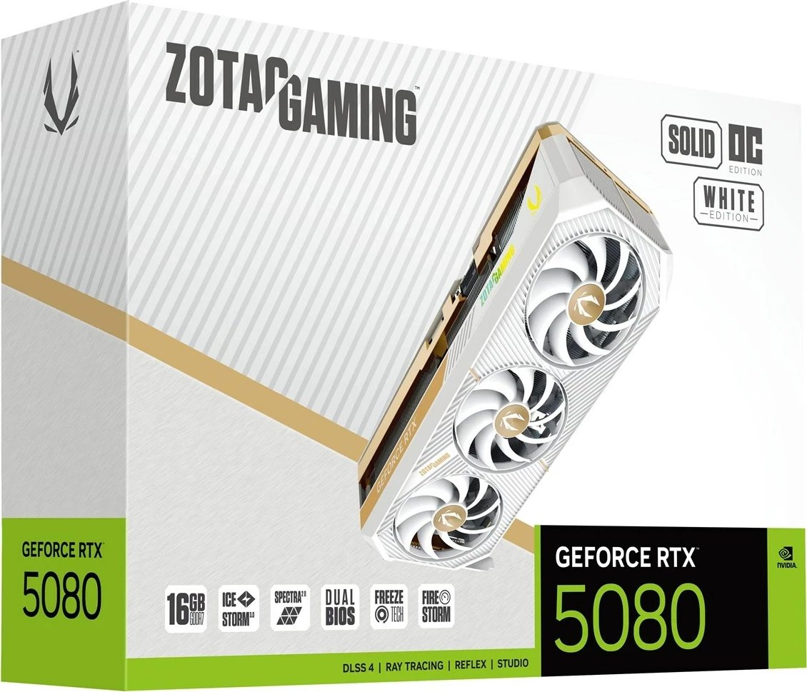 Kartelë grafike ZOTAC GAMING GeForce RTX 5080 SOLID OC, 16 GB GDDR7, Bardhë