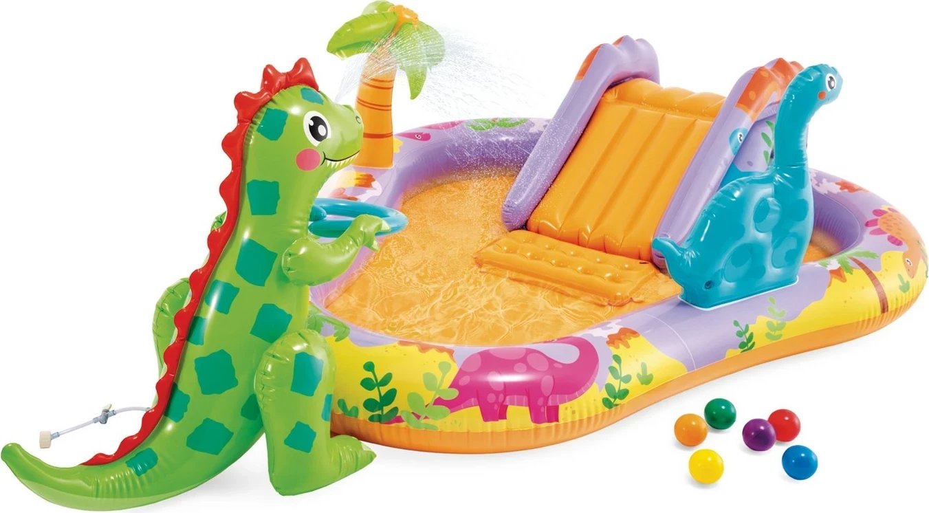 Set lodër fryrëse Intex Playground Dinosaur 201x157x69cm me toptha, shumëngjyrëshe