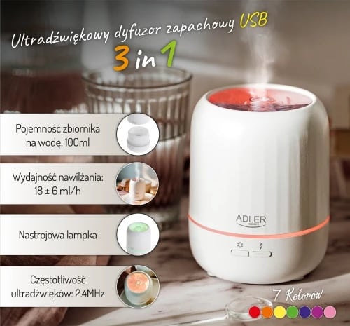 Difuzer arome ultrasonik USB 3-në-1, Adler, AD 7968, 100 ml, deri 25 m2, ndriçim 7 ngjyra, auto-off, i bardhë