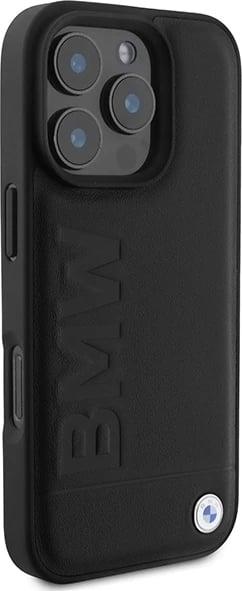 Mbështjellës BMW Leather Hot Stamp MagSafe për iPhone 16 Pro, i zi