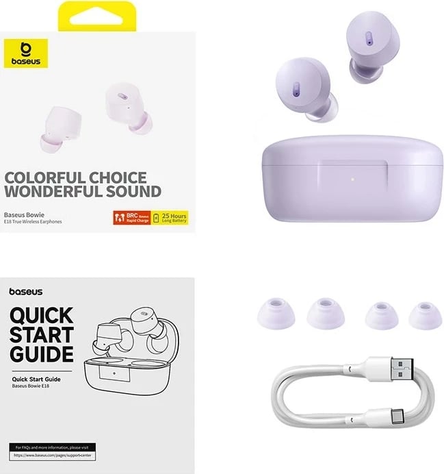 Kufje Baseus Bowie E18, True Wireless Stereo, USB Type-C, Vjollcë