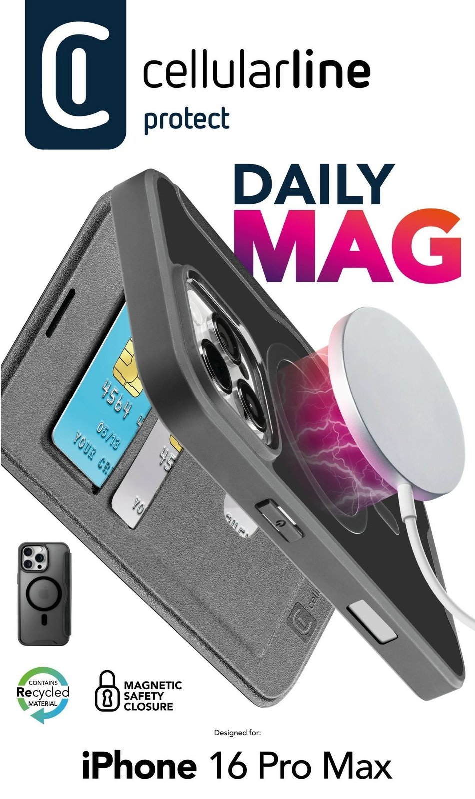 Mbështjellës Cellular Line Daily Mag për iPhone 16 Pro Max, MagSafe, folio, e zezë